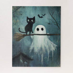 Halloween Cat and Ghost Flying on Broom