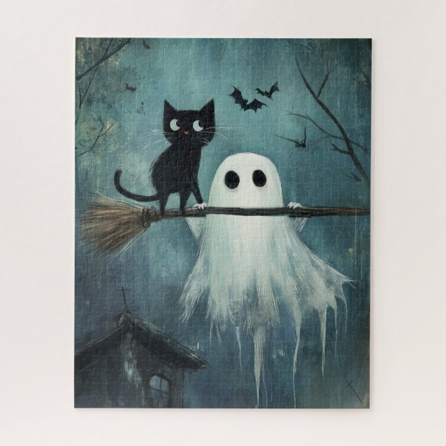 Halloween Cat and Ghost Flying on Broom (Vertikal)