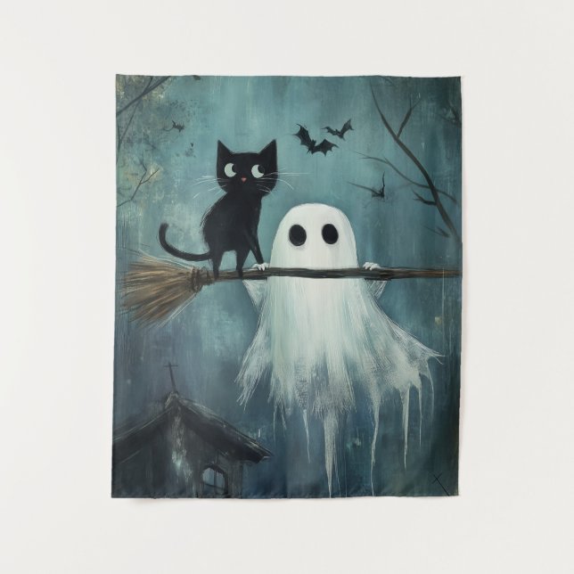 Halloween Cat and Ghost Flying on Broom Wandteppich (Vorderseite)