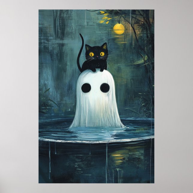 Halloween Cat and Ghost in Pool Poster (Vorne)