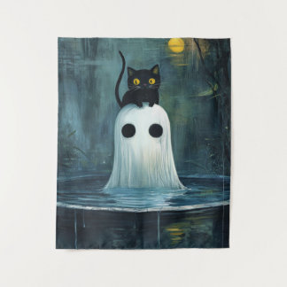 Halloween Cat and Ghost in Pool Wandteppich