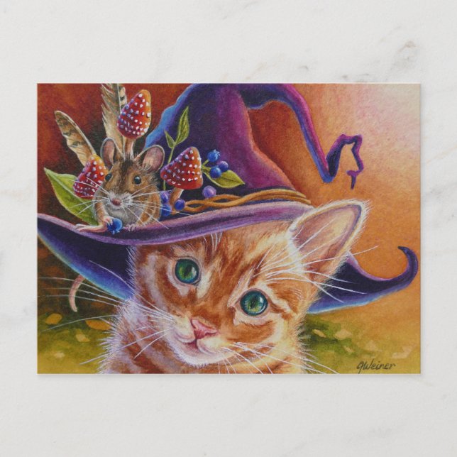 Halloween Cat and Mouse Nr. 1 Wasserfarbenkunst Postkarte (Vorderseite)