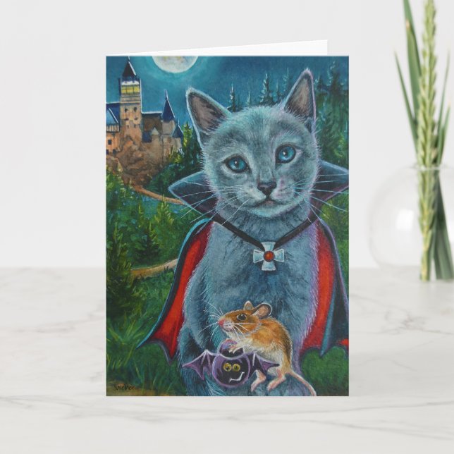 Halloween Cat and Mouse Nr. 3 Wasserfarbenkunst Karte (Vorderseite)
