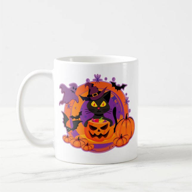 Halloween Cat and Pumpkins Kaffeetasse (Links)