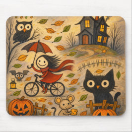 Halloween Cat & Bicycle Girl Mousepad