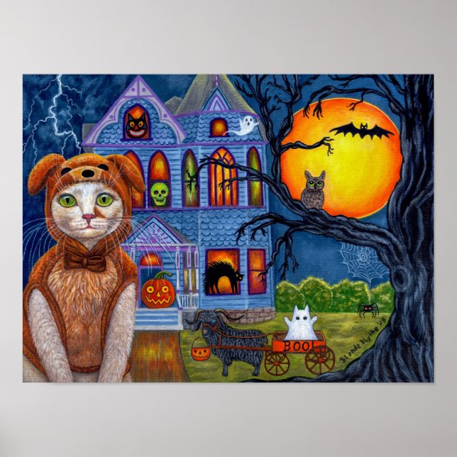 Halloween Cat Dog Costume Haunted Victorian House Poster (Vorne)