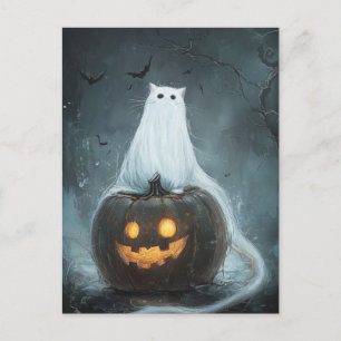 Halloween Cat Ghost auf Kürbislaterne Postkarte