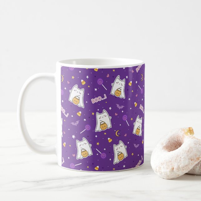 Halloween Cat Ghost Coffee Tasse (Mit Donut)