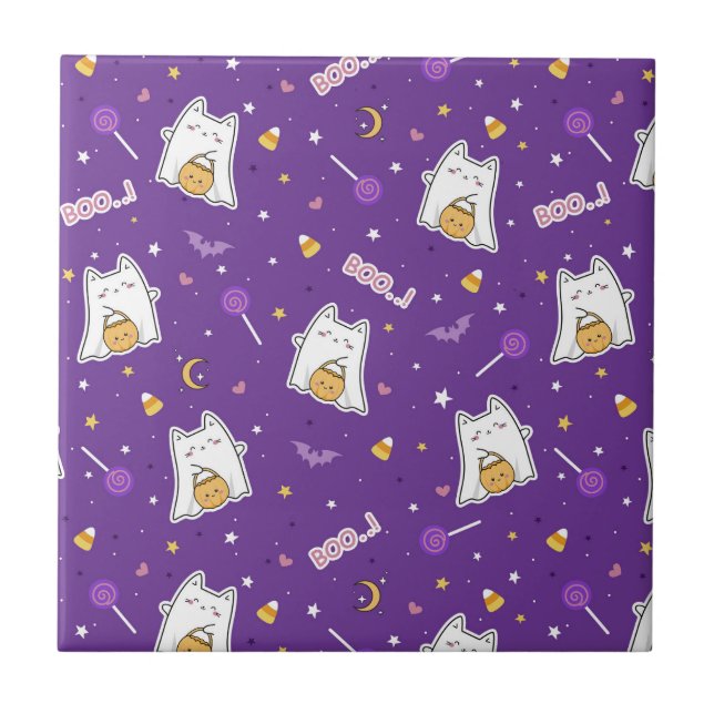 Halloween Cat Ghost Keramik Tile Fliese (Vorderseite)