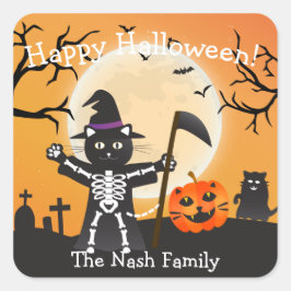 Halloween Cat Grim Sensenmann Quadratischer Aufkleber