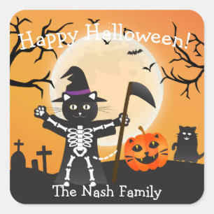 Halloween Cat Grim Sensenmann Quadratischer Aufkleber