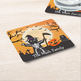 Halloween Cat Grim Sensenmann Rechteckiger Pappuntersetzer