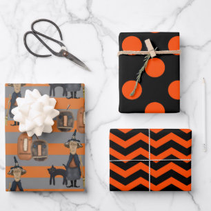Halloween Cat & Hexe   Schwarze und orange Punkte Geschenkpapier Set