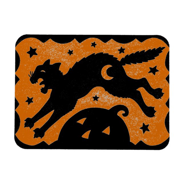 HALLOWEEN CAT-JUMPING ÜBER PUMPKIN, SCHWARZ & ORAN MAGNET (Horizontal)