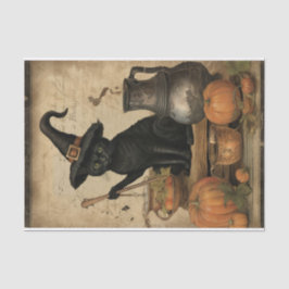Halloween Cat mit Hexenhutenkürbis-Dekoupage Seidenpapier