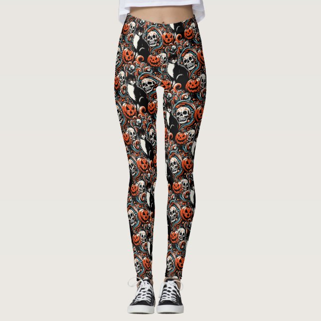 Halloween Cat mit Pumpkins Leggings (Vorderseite)