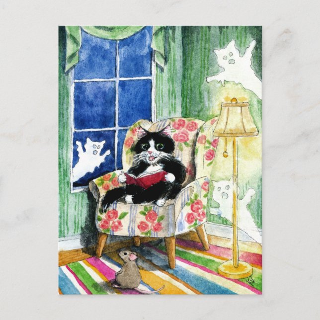 Halloween Cat Mouse Ghosts postcard Postkarte (Vorderseite)