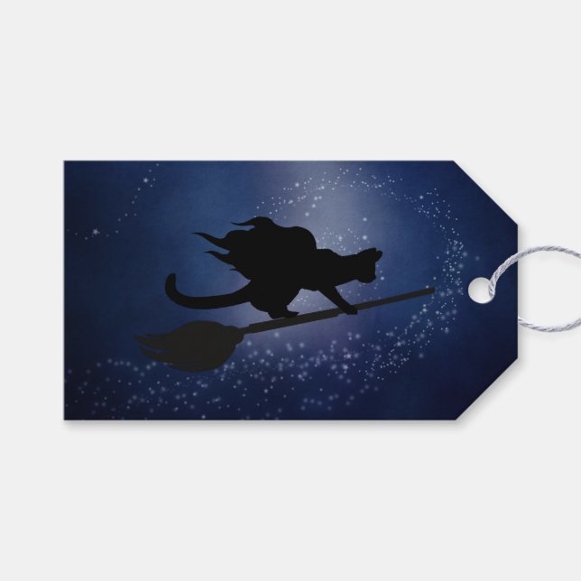 Halloween Cat on a Broom in einem Night Sky-Gesche Geschenkanhänger (Vorderseite (Horizontal))