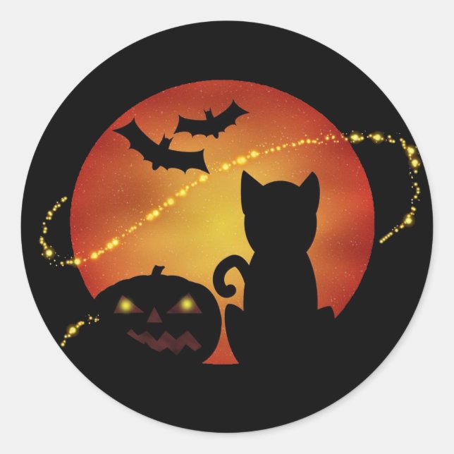 Halloween Cat Pumpkin and Bats Silhouette Scene Runder Aufkleber (Vorderseite)