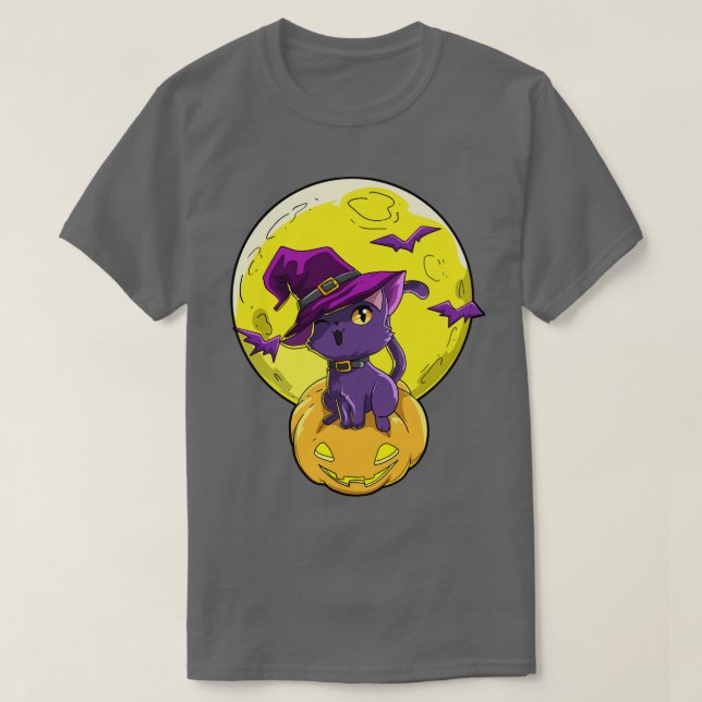 Halloween Cat Pumpkin Moon T-Shirt (Design vorne)