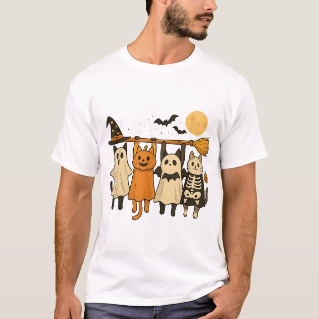 Halloween Cat Pumpkin Skeleton T-Shirt (Vorderseite)