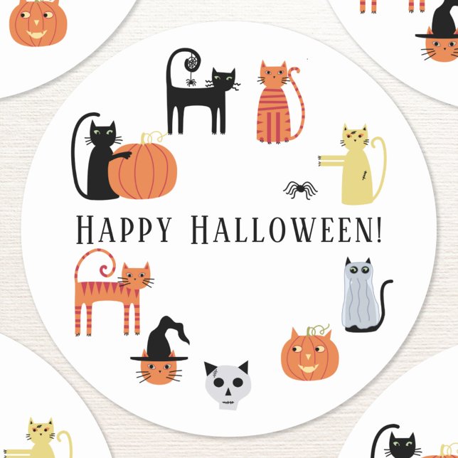 Halloween Cat Spooky Runder Aufkleber (Fun Halloween cat custom text sticker)