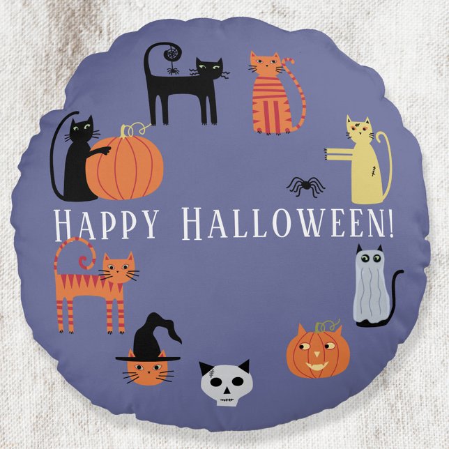 Halloween Cat Spooky Rundes Kissen (Fun Halloween Cats round pillow)