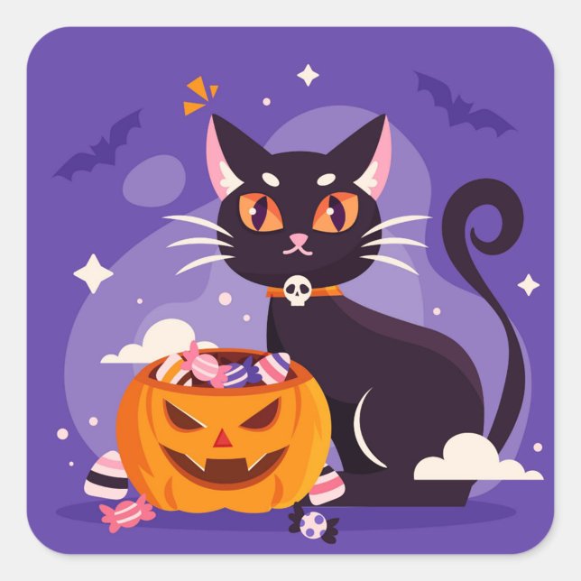 Halloween Cat Sticker (A whimsical black cat with bright eyes sits beside a pumpkin filled with colorful candies.  )