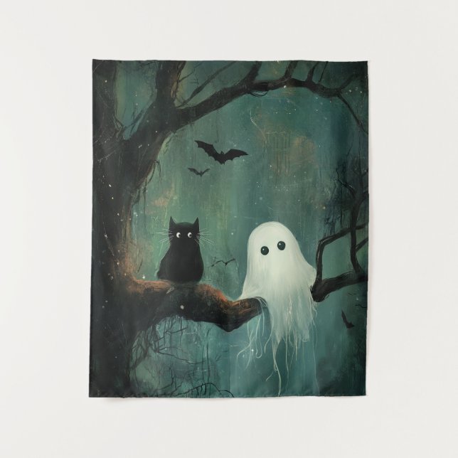 Halloween Cat und Ghost Wandteppich (Vorderseite)