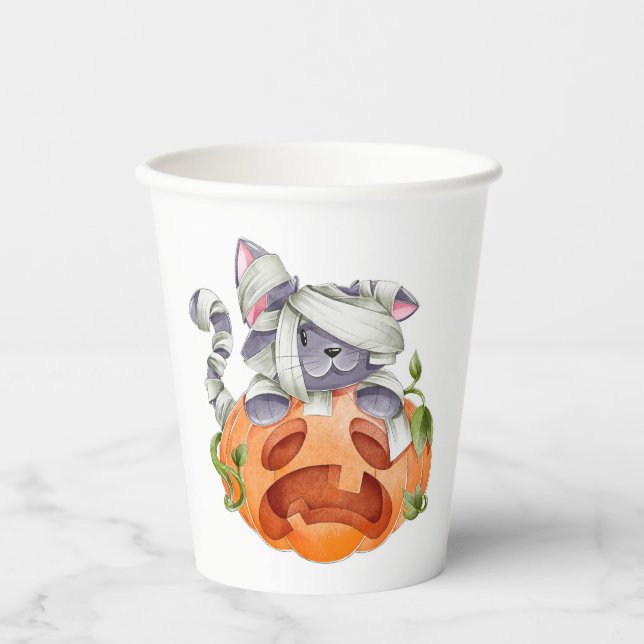 Halloween Cat und Kürbis Pappbecher (Vorderseite)