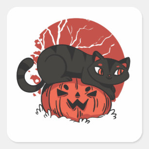 Halloween Cat und Kürbislaterne Quadratischer Aufkleber