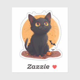 Halloween Cat vor dem Mond mit Jack-o-Lantern Aufkleber