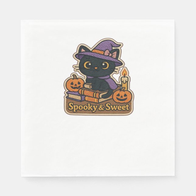 Halloween Cat with Magic Books - Spooky & Sweet Em Serviette (Vorderseite)