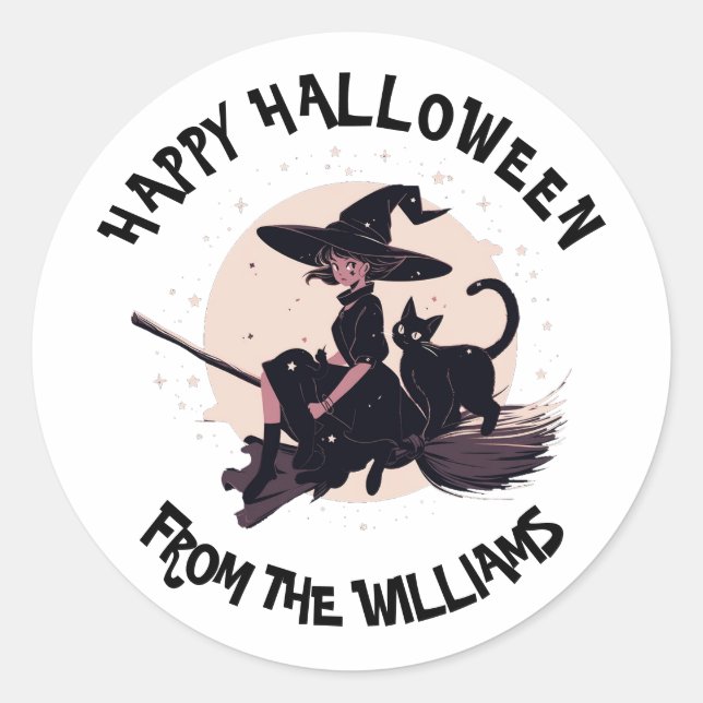 Halloween Cat Witz fliegen auf Broomstick Moon Nie Runder Aufkleber (Vorderseite)