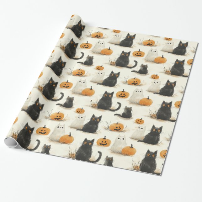 Halloween Cats and Pumpkins Pattern Geschenkpapier (Ungerollt)