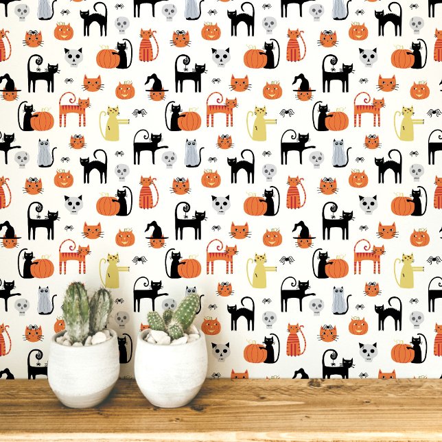 Halloween Cats Pattern Tapete (Fun Halloween black and orange cats, pumpkins, witches, zombies and skulls peel and stick wallpaper)