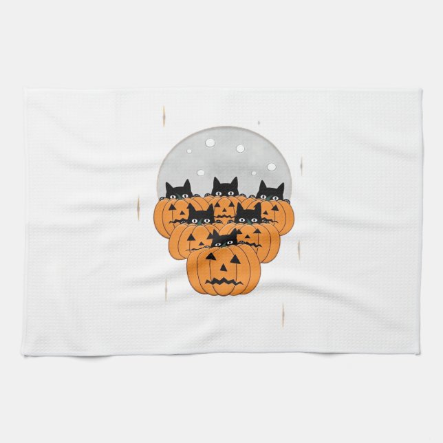 Halloween  Cats  Pumpkins  Black Background  Illus Geschirrtuch (Horizontal)