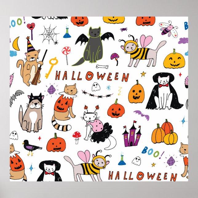 Halloween Cats Vintag Line Muster Poster (Vorne)