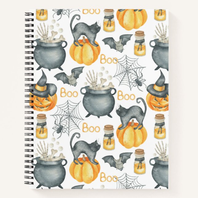 Halloween Cauldron und Cats Muster Notizbuch (Vorderseite)