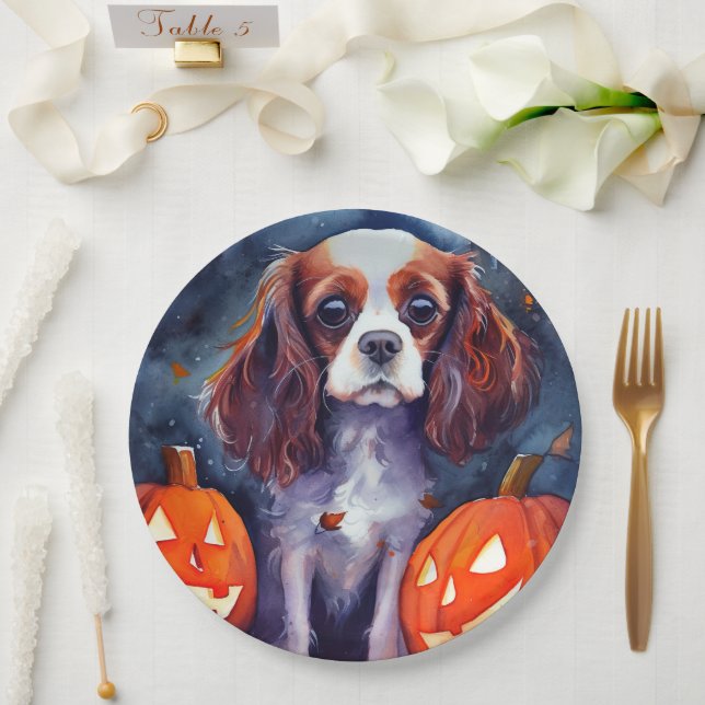 Halloween Cavalier King Charles Spaniel Kürbisse Pappteller (Hochzeit)