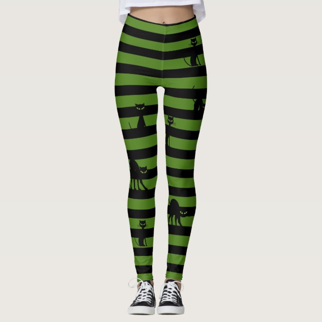 Halloween Chat noir & Bandes Leggings Vert olive (Devant)