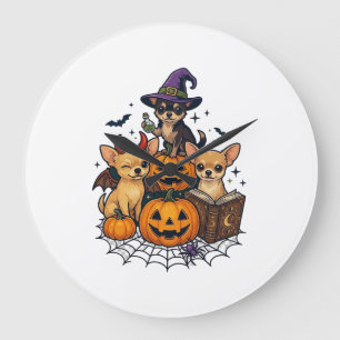 Halloween Chihuahua Hunde Kürbisse Hexenhut Zauber Große Wanduhr