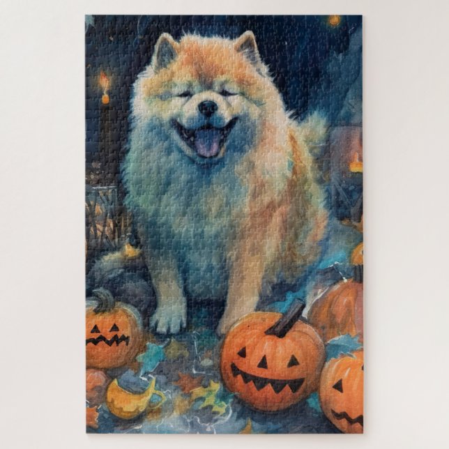 Halloween Chow Chow mit Pumpkins Beängstigend (Vertikal)