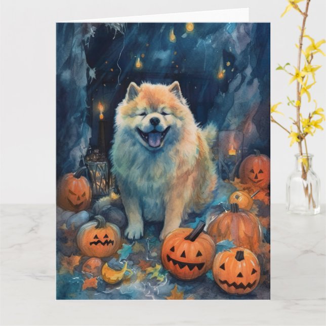 Halloween Chow Chow mit Pumpkins Beängstigend Karte (Gelbe Blume)