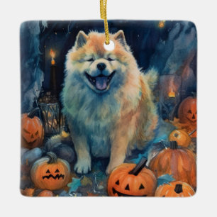 Halloween Chow Chow mit Pumpkins Beängstigend Keramikornament