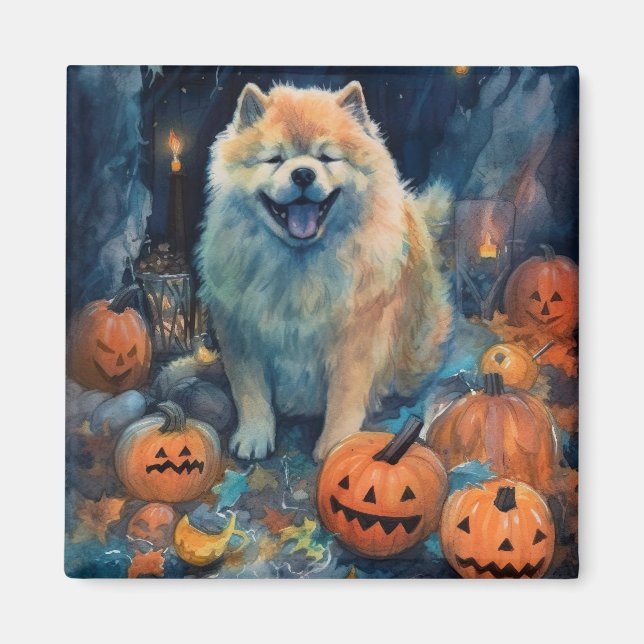 Halloween Chow Chow mit Pumpkins Beängstigend Magnet (Vorne)