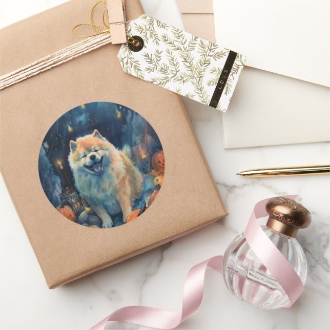 Halloween Chow Chow mit Pumpkins Beängstigend Runder Aufkleber (Schenken)