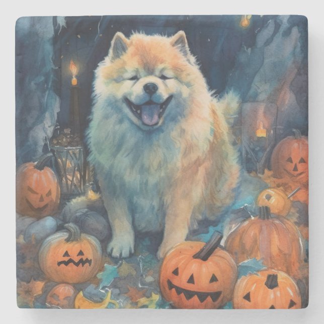 Halloween Chow Chow mit Pumpkins Beängstigend Steinuntersetzer (Vorderseite)