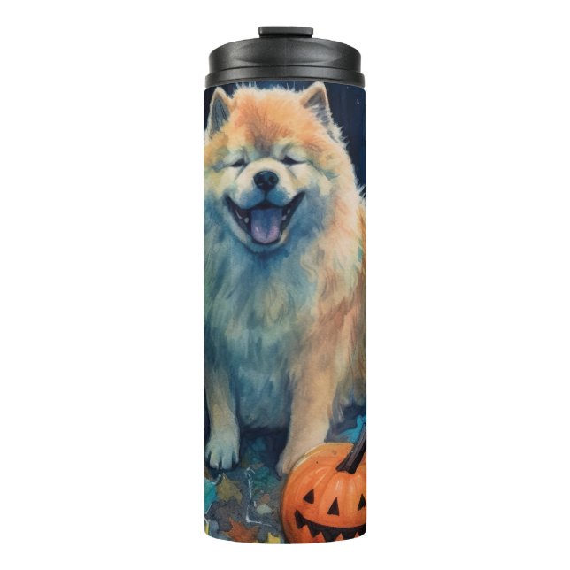 Halloween Chow Chow mit Pumpkins Beängstigend Thermosbecher (Vorderseite)