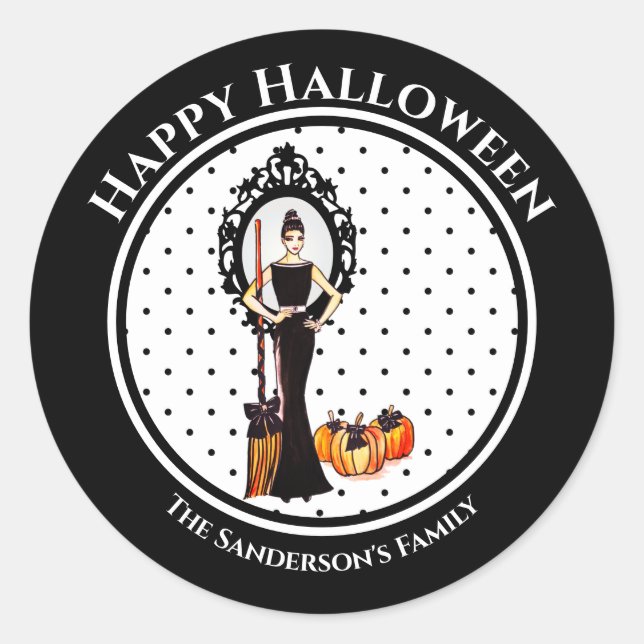 Halloween Classic Elegant Black Dress Polka Dots Runder Aufkleber (Vorderseite)
